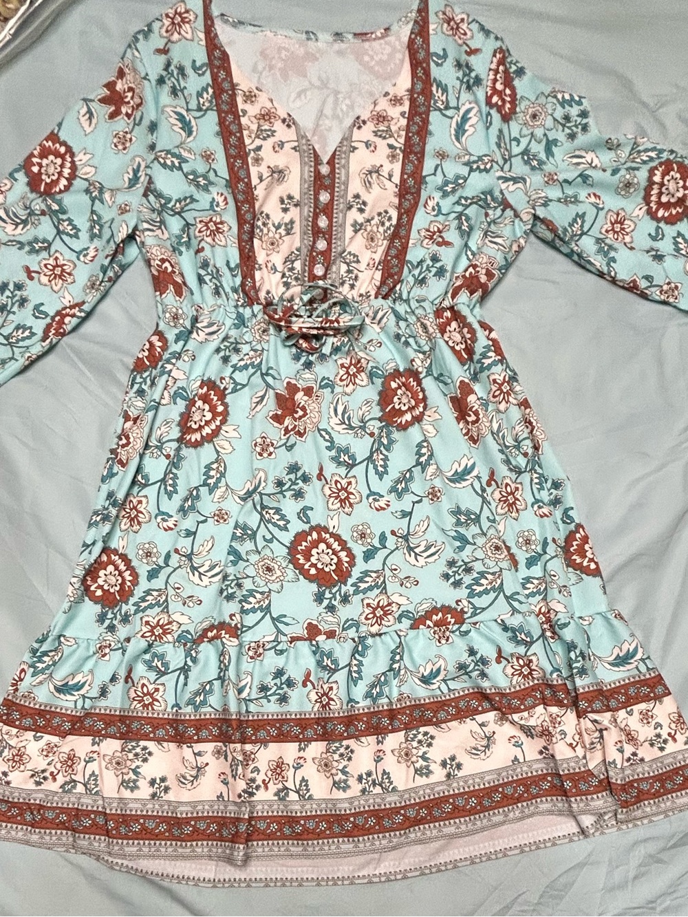 Women’s Floral Pullover Dress in Light Aqua with Rust Trim